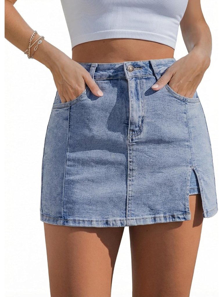 Women's Blue High Waisted Stretchy Denim Mini Skirt Side Slit Jean Skirts